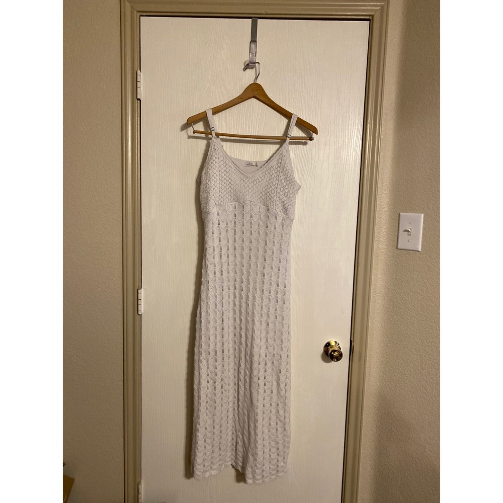 Hollister White Crochet Midi Dress Cotton Pointelle Knit Side Slit XL 0292